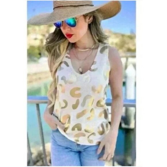 Amoli Gold Leopard Print Sleeveless Knit Tank Top S/M By Beige - Picture 5 of 5